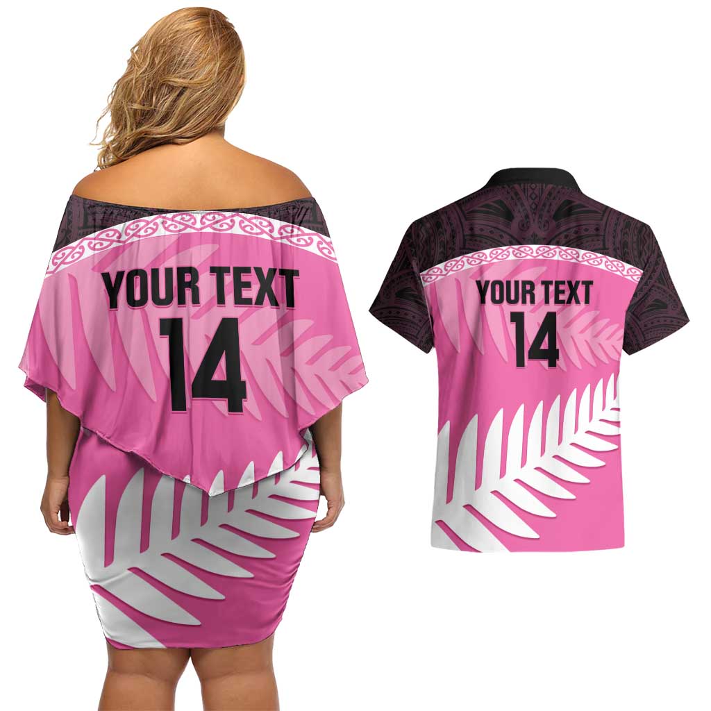 Custom New Zealand Aotearoa Cricket Couples Matching Off Shoulder Short Dress and Hawaiian Shirt Go White Silver Fern LT14 - Polynesian Pride