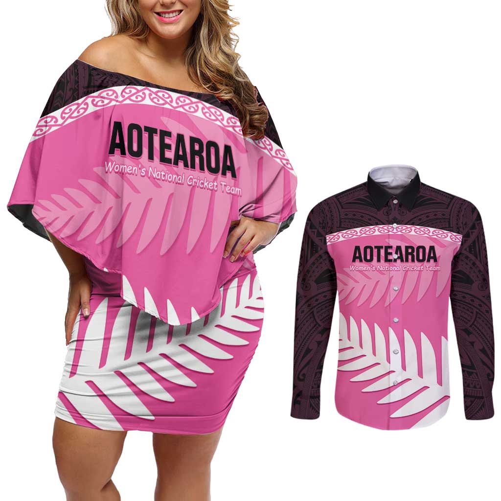 Custom New Zealand Aotearoa Cricket Couples Matching Off Shoulder Short Dress and Long Sleeve Button Shirt Go White Silver Fern LT14 Pink - Polynesian Pride