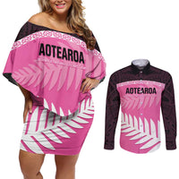 Custom New Zealand Aotearoa Cricket Couples Matching Off Shoulder Short Dress and Long Sleeve Button Shirt Go White Silver Fern LT14 Pink - Polynesian Pride