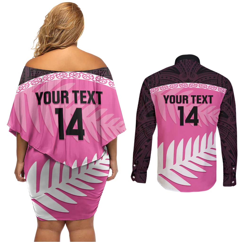Custom New Zealand Aotearoa Cricket Couples Matching Off Shoulder Short Dress and Long Sleeve Button Shirt Go White Silver Fern LT14 - Polynesian Pride