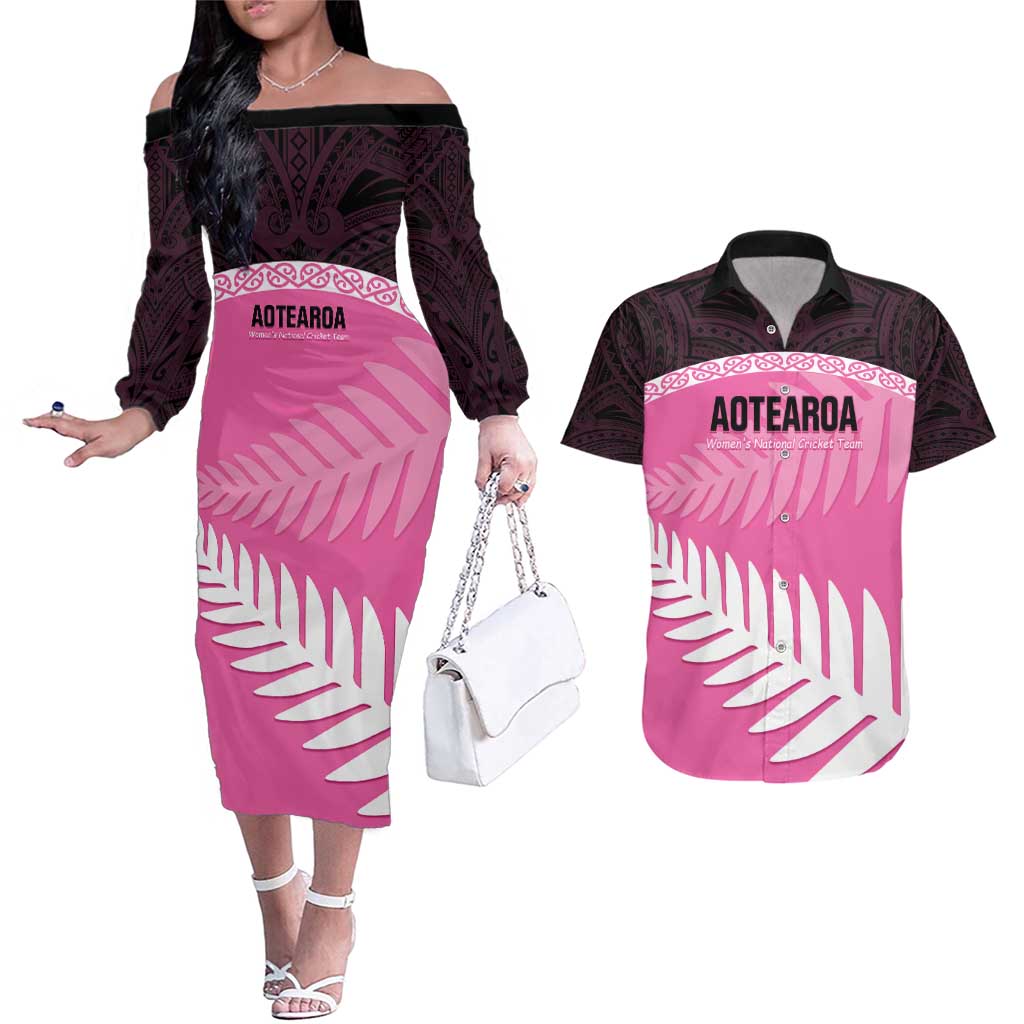 Custom New Zealand Aotearoa Cricket Couples Matching Off The Shoulder Long Sleeve Dress and Hawaiian Shirt Go White Silver Fern LT14 Pink - Polynesian Pride