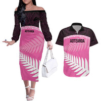 Custom New Zealand Aotearoa Cricket Couples Matching Off The Shoulder Long Sleeve Dress and Hawaiian Shirt Go White Silver Fern LT14 Pink - Polynesian Pride