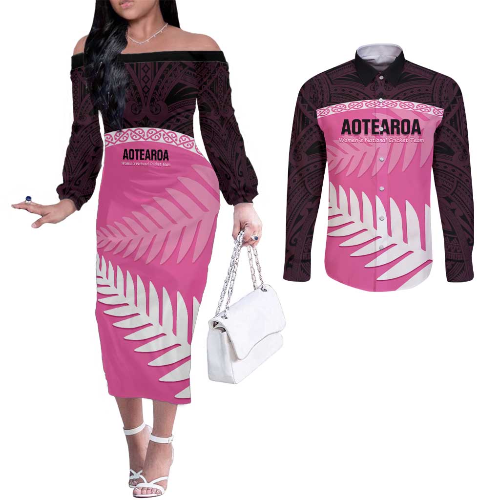 Custom New Zealand Aotearoa Cricket Couples Matching Off The Shoulder Long Sleeve Dress and Long Sleeve Button Shirt Go White Silver Fern LT14 Pink - Polynesian Pride