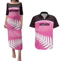 Custom New Zealand Aotearoa Cricket Couples Matching Puletasi and Hawaiian Shirt Go White Silver Fern LT14 Pink - Polynesian Pride