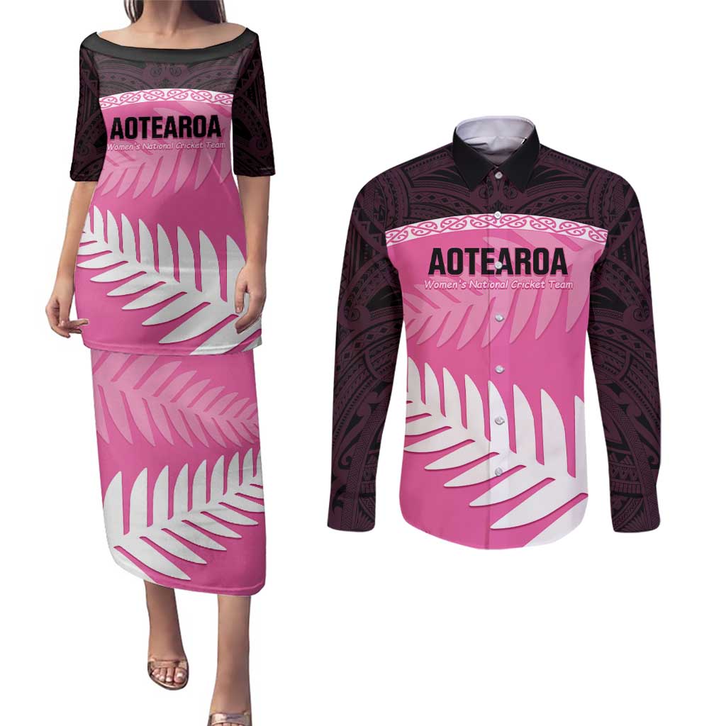 Custom New Zealand Aotearoa Cricket Couples Matching Puletasi and Long Sleeve Button Shirt Go White Silver Fern LT14 Pink - Polynesian Pride
