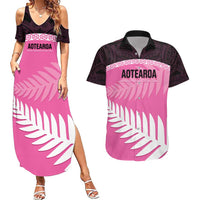 Custom New Zealand Aotearoa Cricket Couples Matching Summer Maxi Dress and Hawaiian Shirt Go White Silver Fern LT14 Pink - Polynesian Pride