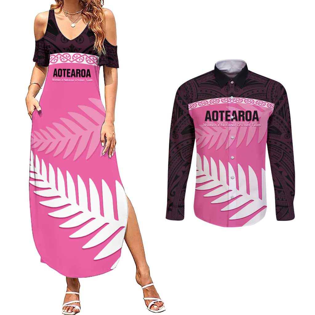 Custom New Zealand Aotearoa Cricket Couples Matching Summer Maxi Dress and Long Sleeve Button Shirt Go White Silver Fern LT14 Pink - Polynesian Pride