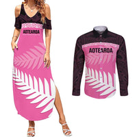 Custom New Zealand Aotearoa Cricket Couples Matching Summer Maxi Dress and Long Sleeve Button Shirt Go White Silver Fern LT14 Pink - Polynesian Pride