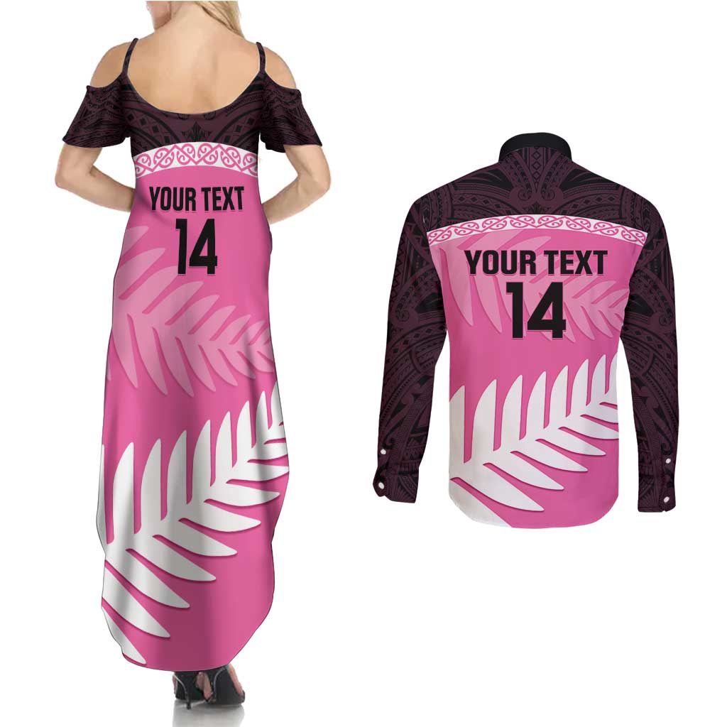 Custom New Zealand Aotearoa Cricket Couples Matching Summer Maxi Dress and Long Sleeve Button Shirt Go White Silver Fern LT14 - Polynesian Pride
