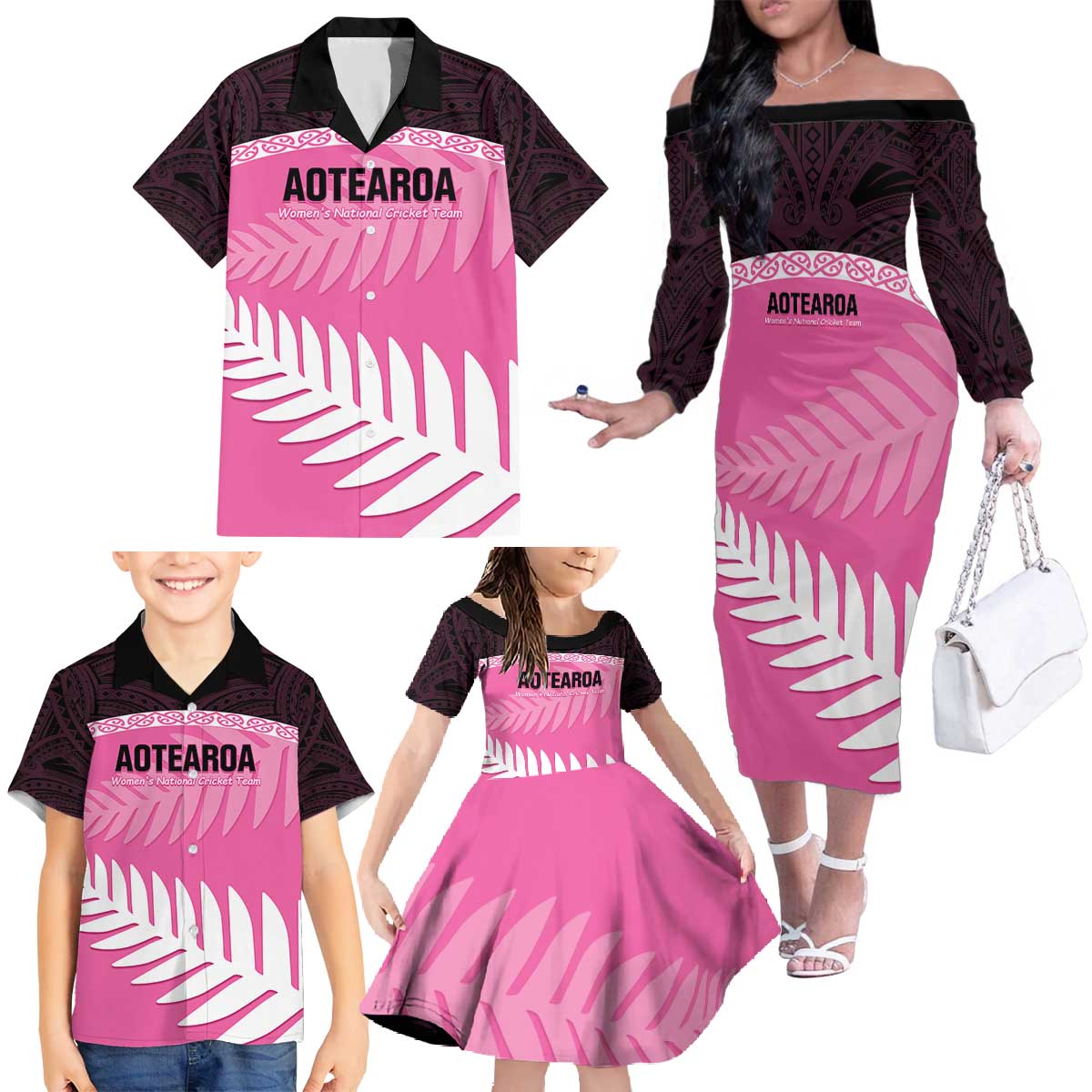 Custom New Zealand Aotearoa Cricket Family Matching Off The Shoulder Long Sleeve Dress and Hawaiian Shirt Go White Silver Fern LT14 - Polynesian Pride