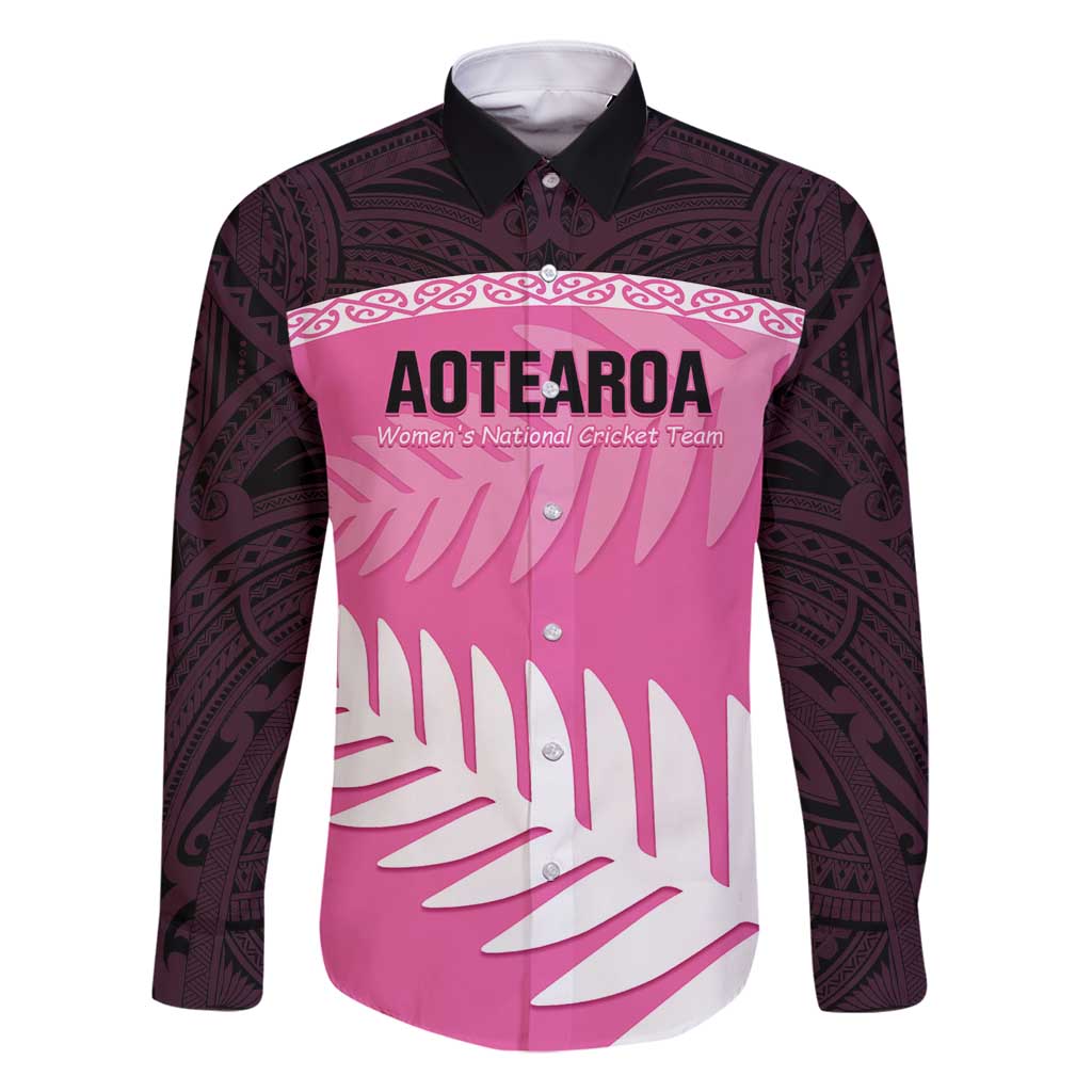 Custom New Zealand Aotearoa Cricket Family Matching Off Shoulder Maxi Dress and Hawaiian Shirt Go White Silver Fern LT14 Dad's Shirt - Long Sleeve Pink - Polynesian Pride