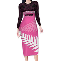 Custom New Zealand Aotearoa Cricket Long Sleeve Bodycon Dress Go White Silver Fern LT14 Long Dress Pink - Polynesian Pride