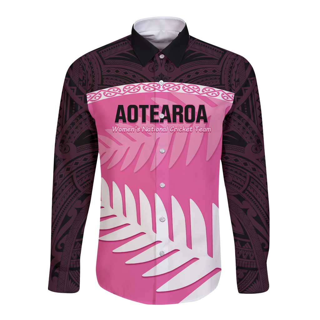 Custom New Zealand Aotearoa Cricket Long Sleeve Button Shirt Go White Silver Fern LT14 Unisex Pink - Polynesian Pride
