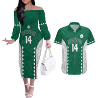 Custom Hawaii Volleyball Couples Matching Off The Shoulder Long Sleeve Dress and Hawaiian Shirt Hawaiian Kakau Pattern LT14 Green - Polynesian Pride