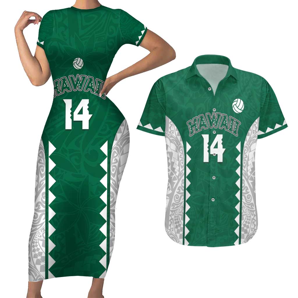 Custom Hawaii Volleyball Couples Matching Short Sleeve Bodycon Dress and Hawaiian Shirt Hawaiian Kakau Pattern LT14 Green - Polynesian Pride