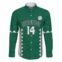 Custom Hawaii Volleyball Family Matching Off The Shoulder Long Sleeve Dress and Hawaiian Shirt Hawaiian Kakau Pattern LT14 Dad's Shirt - Long Sleeve Green - Polynesian Pride
