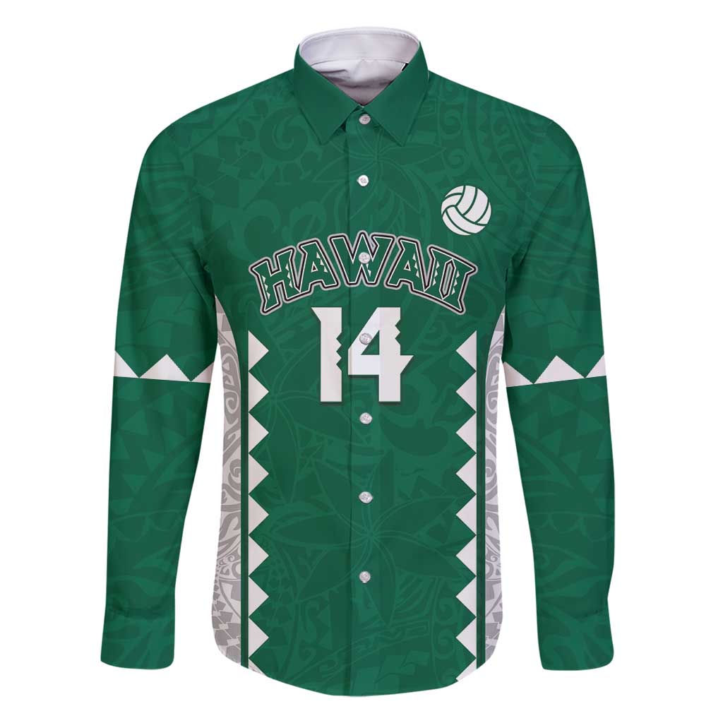 Custom Hawaii Volleyball Family Matching Off Shoulder Maxi Dress and Hawaiian Shirt Hawaiian Kakau Pattern LT14 Dad's Shirt - Long Sleeve Green - Polynesian Pride