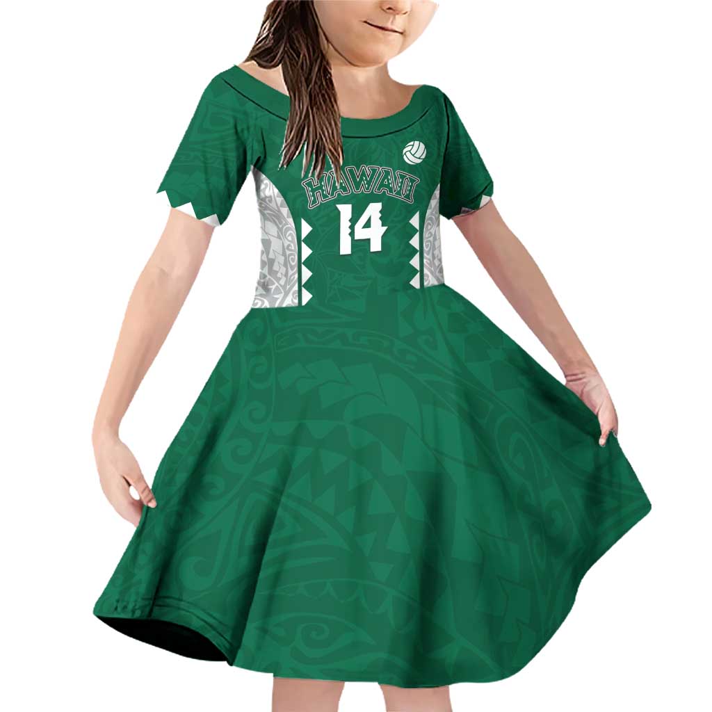 Custom Hawaii Volleyball Family Matching Off Shoulder Short Dress and Hawaiian Shirt Hawaiian Kakau Pattern LT14 Daughter's Dress Green - Polynesian Pride