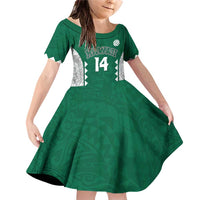 Custom Hawaii Volleyball Family Matching Off Shoulder Short Dress and Hawaiian Shirt Hawaiian Kakau Pattern LT14 Daughter's Dress Green - Polynesian Pride
