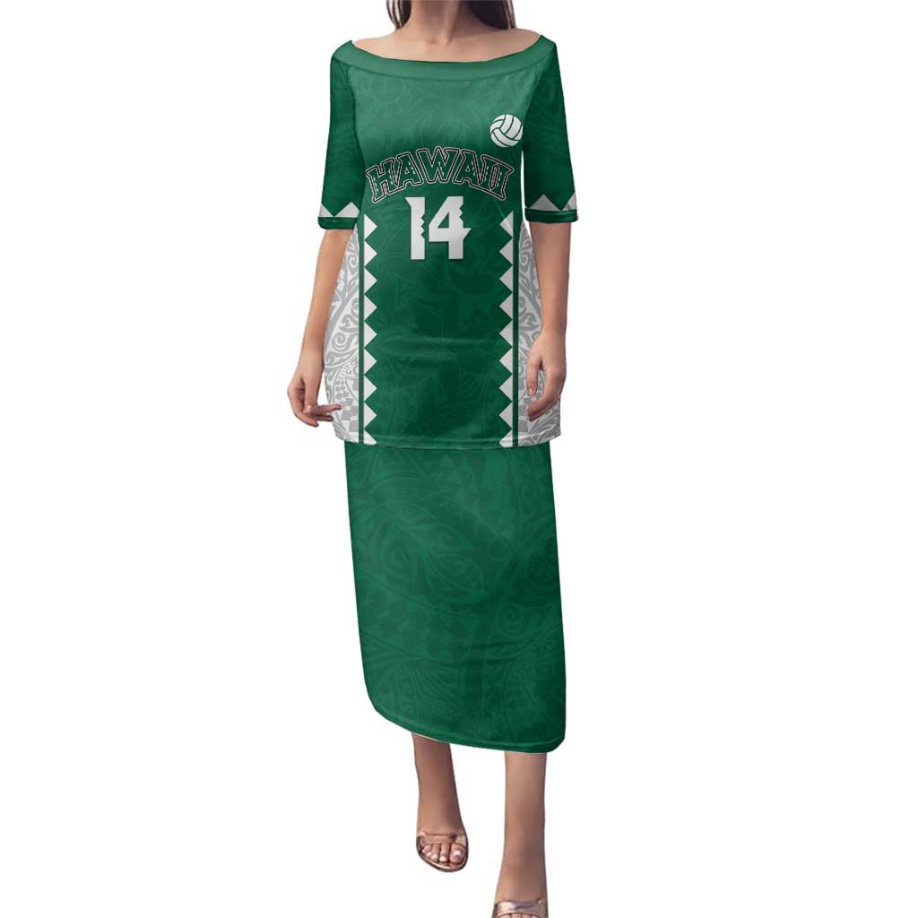 Custom Hawaii Volleyball Family Matching Puletasi and Hawaiian Shirt Hawaiian Kakau Pattern LT14 Mom's Dress Green - Polynesian Pride