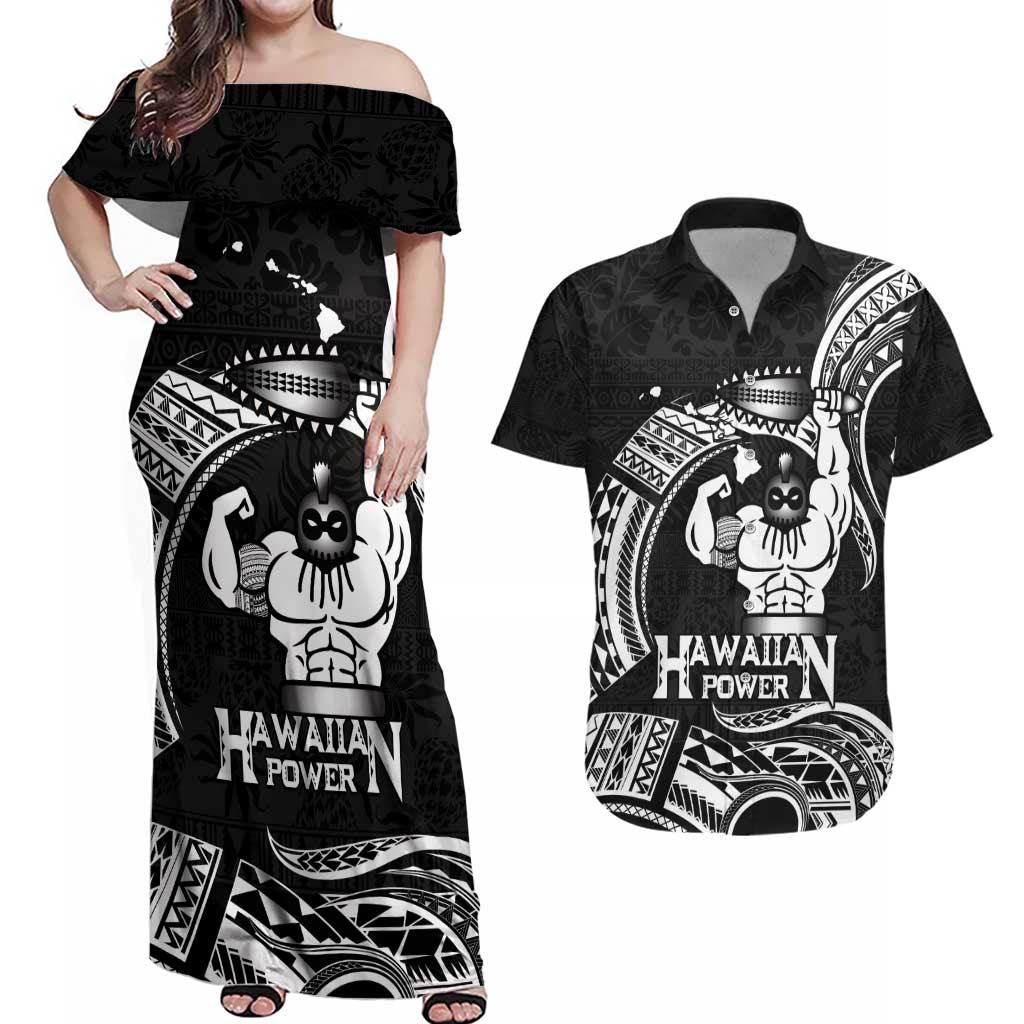Black Hawaii Ikaika Warrior Couples Matching Off Shoulder Maxi Dress and Hawaiian Shirt Hawaiian Power