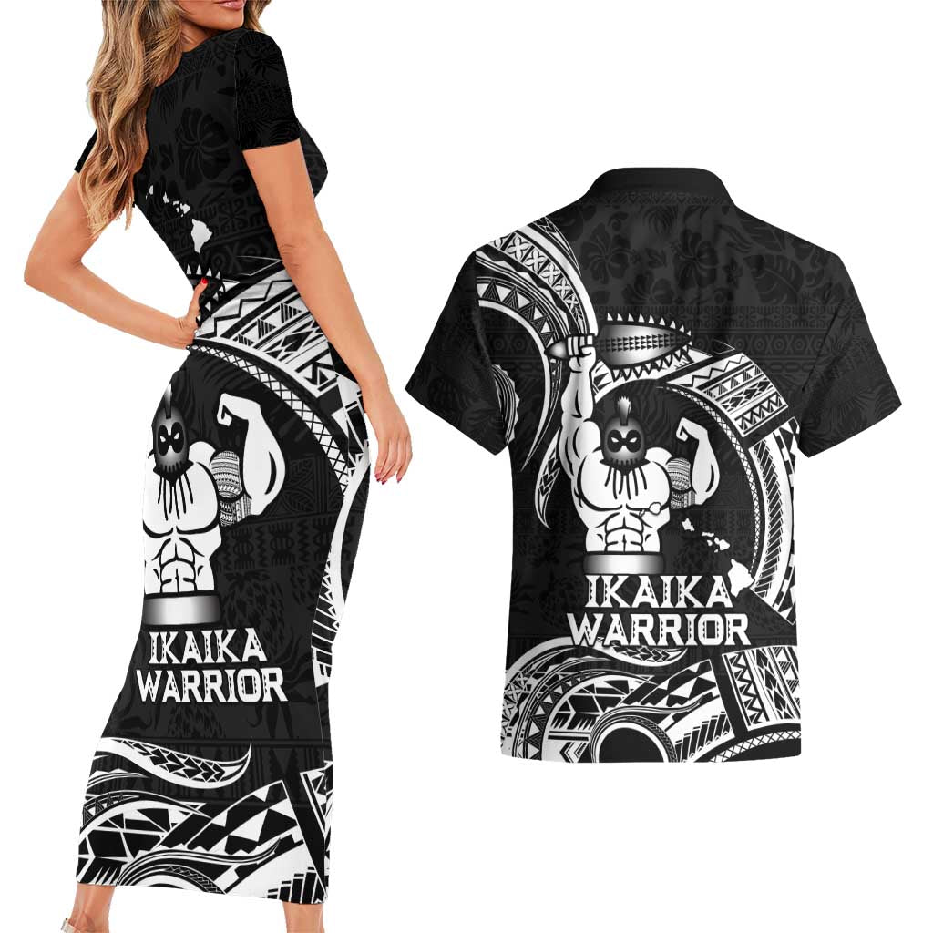 Black Hawaii Ikaika Warrior Couples Matching Short Sleeve Bodycon Dress and Hawaiian Shirt Hawaiian Power