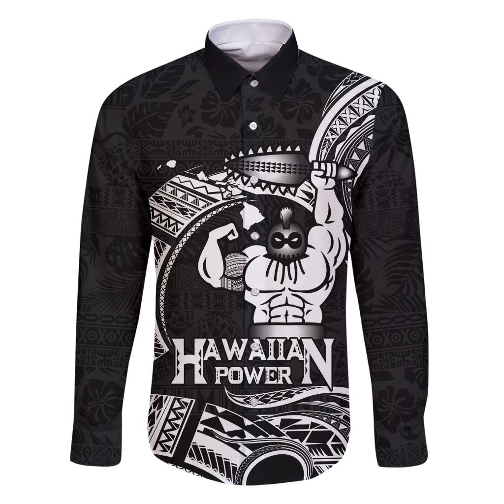 Black Hawaii Ikaika Warrior Family Matching Off Shoulder Maxi Dress and Hawaiian Shirt Hawaiian Power LT14 Dad's Shirt - Long Sleeve Black - Polynesian Pride