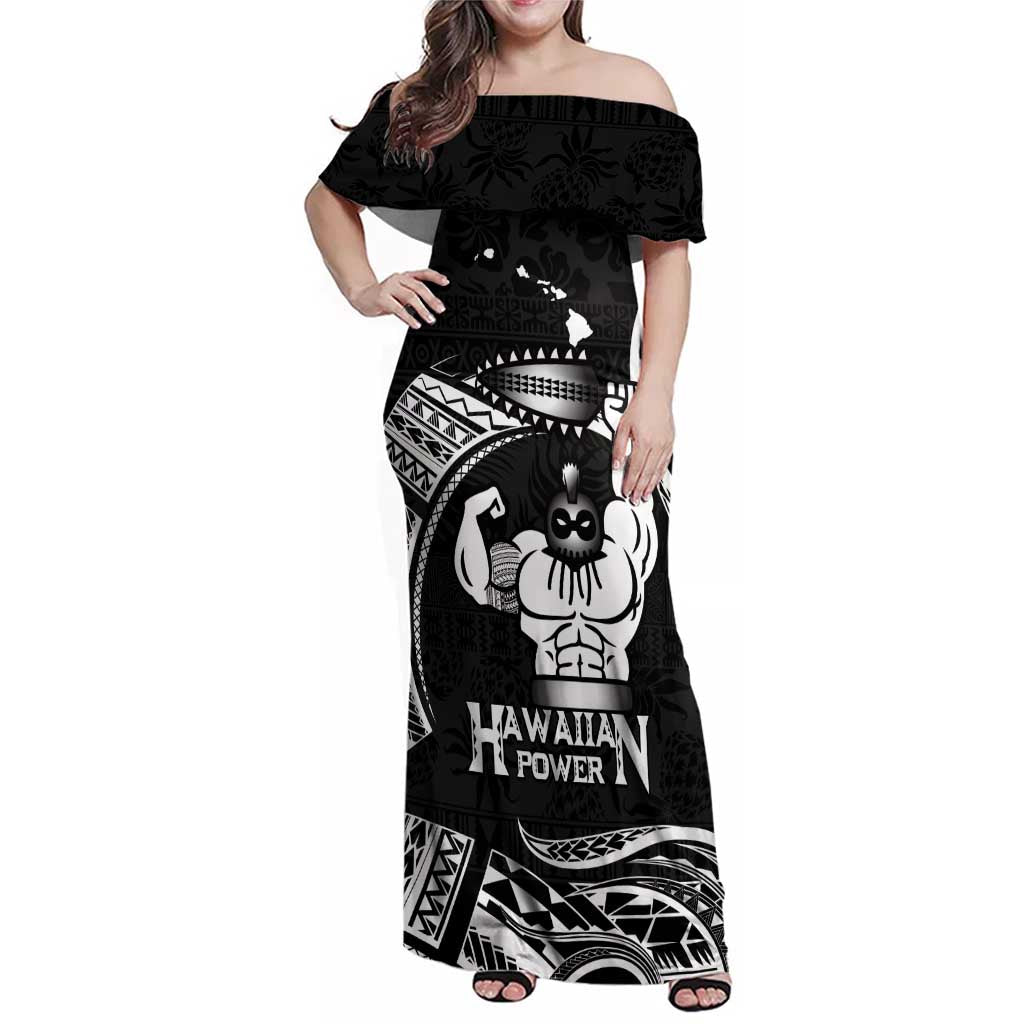 Black Hawaii Ikaika Warrior Family Matching Off Shoulder Maxi Dress and Hawaiian Shirt Hawaiian Power LT14 Mom's Dress Black - Polynesian Pride