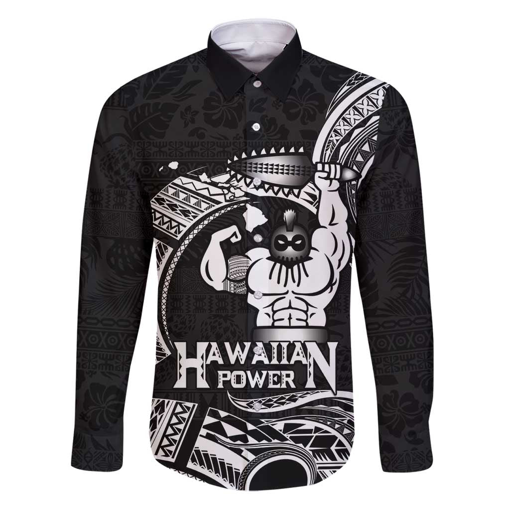 Black Hawaii Ikaika Warrior Family Matching Puletasi and Hawaiian Shirt Hawaiian Power LT14 Dad's Shirt - Long Sleeve Black - Polynesian Pride