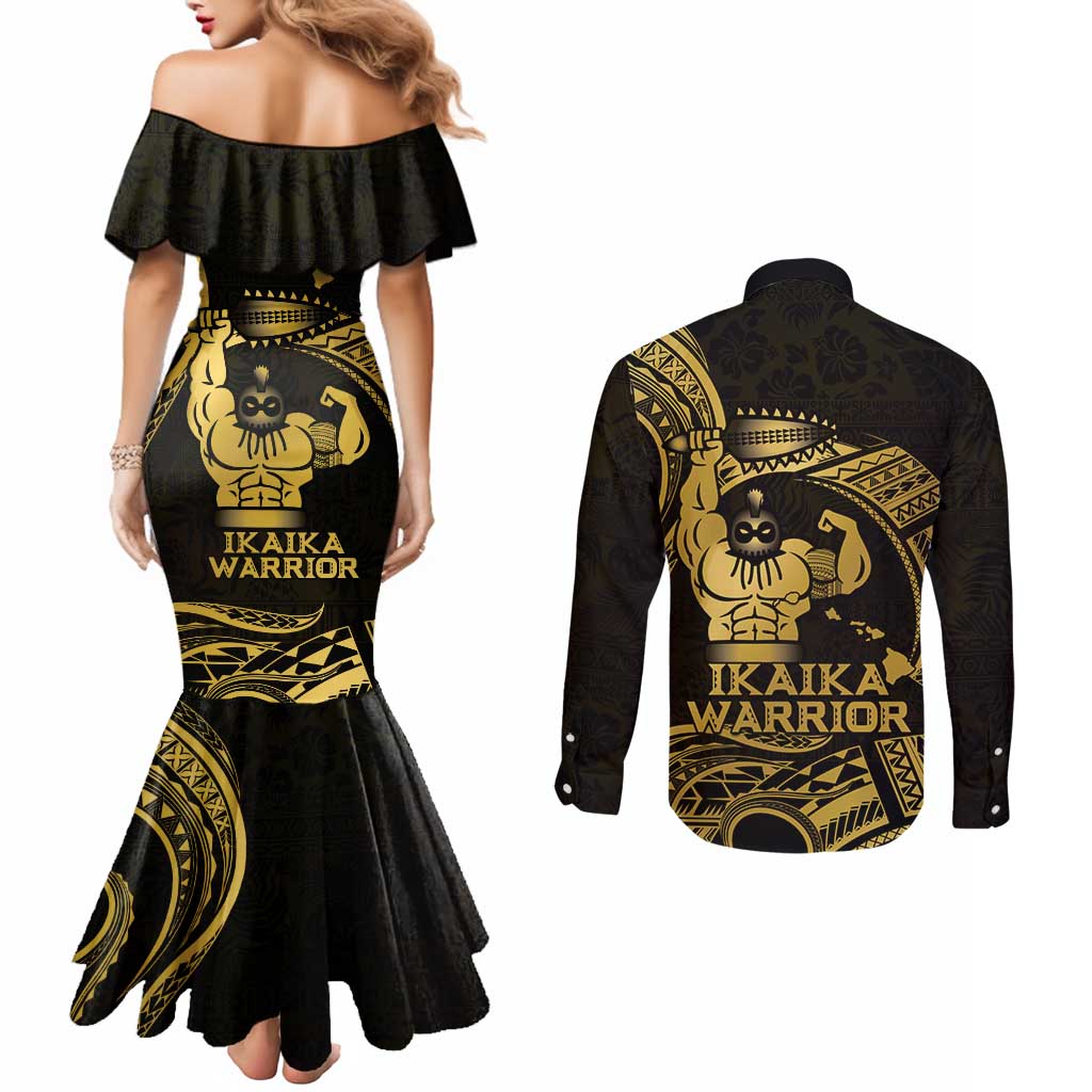 Gold Hawaii Ikaika Warrior Couples Matching Mermaid Dress and Long Sleeve Button Shirt Hawaiian Power