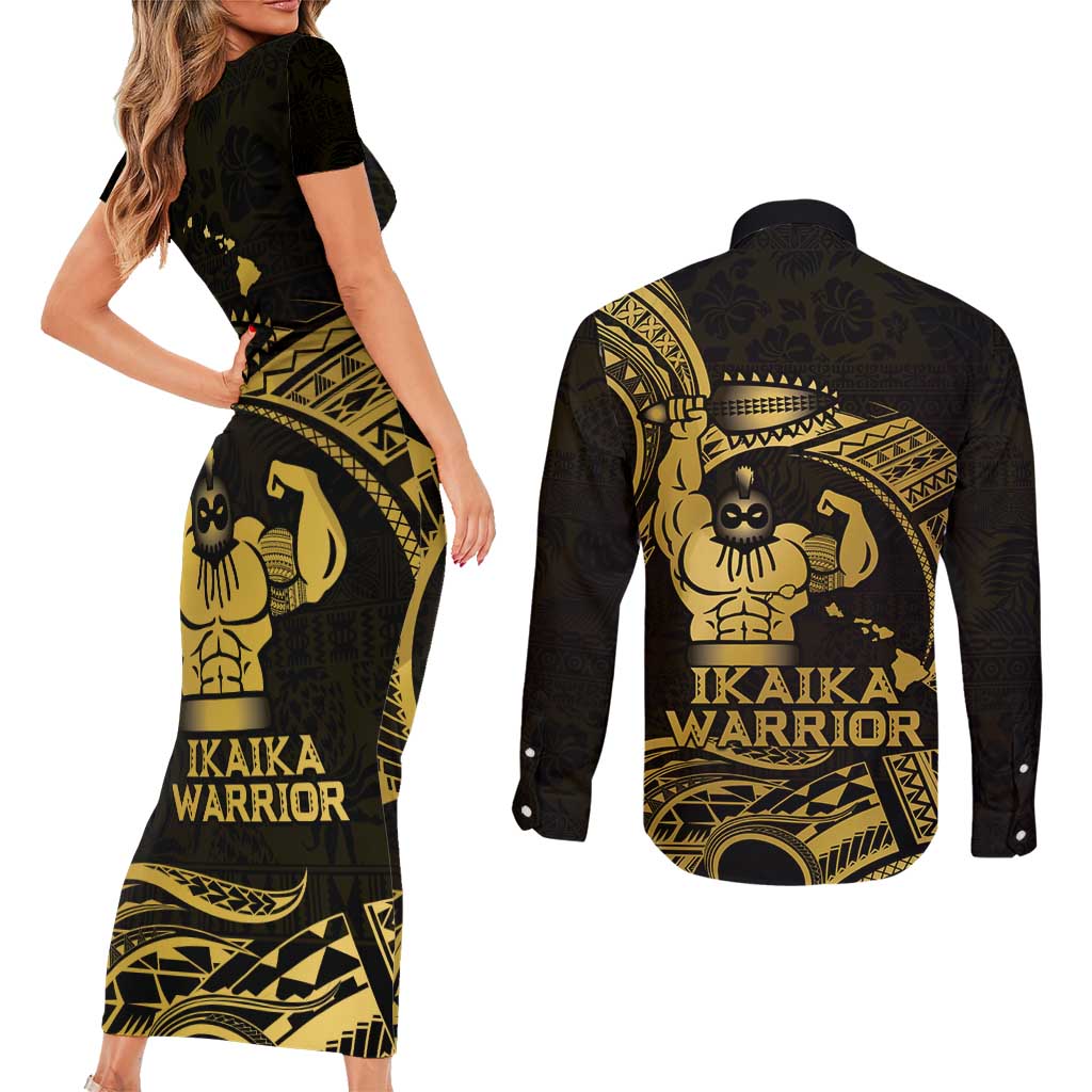 Gold Hawaii Ikaika Warrior Couples Matching Short Sleeve Bodycon Dress and Long Sleeve Button Shirt Hawaiian Power