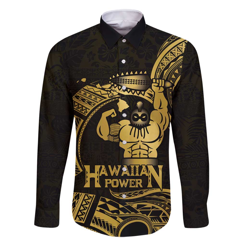 Gold Hawaii Ikaika Warrior Family Matching Mermaid Dress and Hawaiian Shirt Hawaiian Power LT14 Dad's Shirt - Long Sleeve Gold - Polynesian Pride