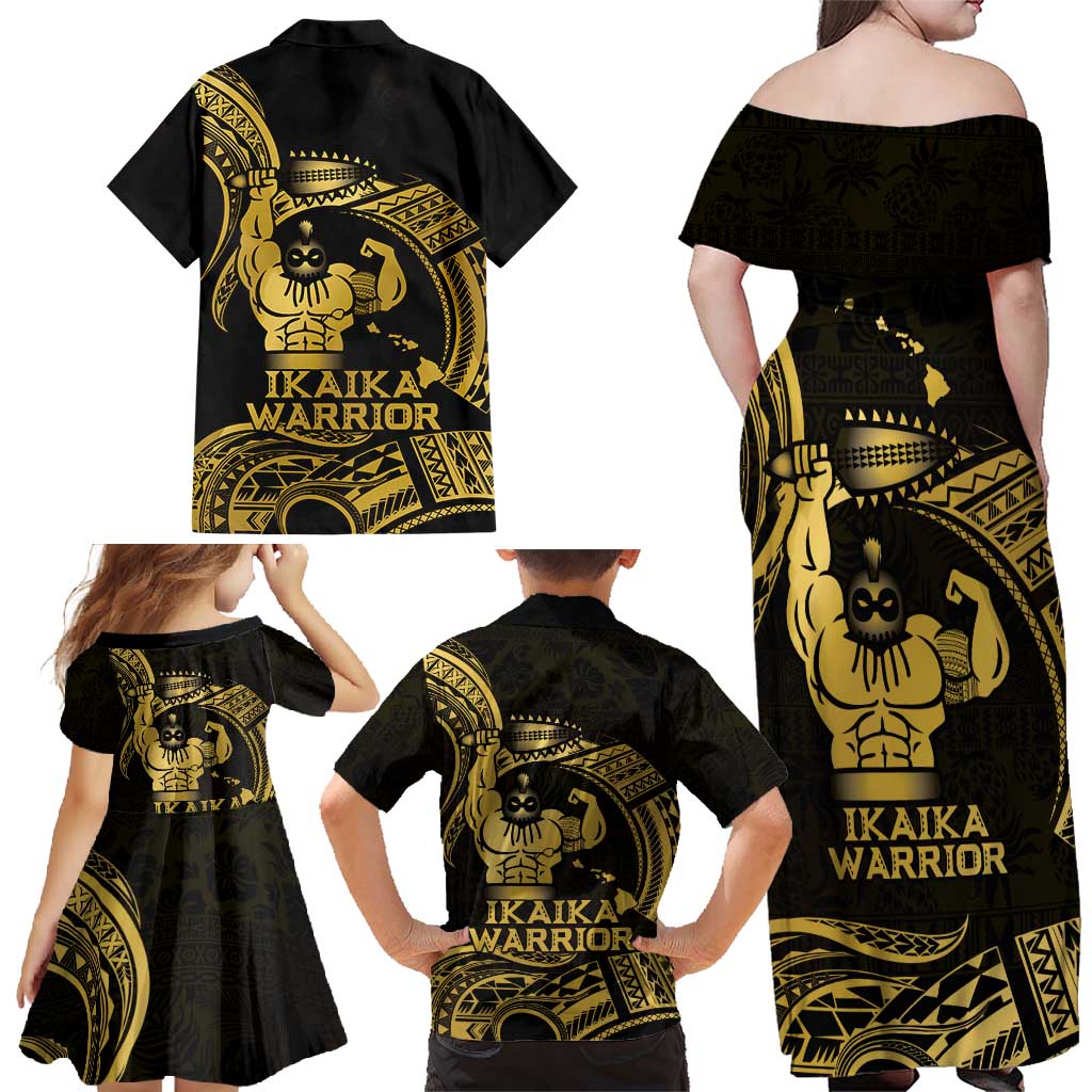 Gold Hawaii Ikaika Warrior Family Matching Off Shoulder Maxi Dress and Hawaiian Shirt Hawaiian Power LT14 - Polynesian Pride