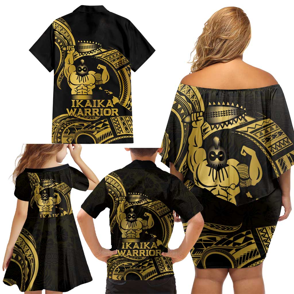 Gold Hawaii Ikaika Warrior Family Matching Off Shoulder Short Dress and Hawaiian Shirt Hawaiian Power