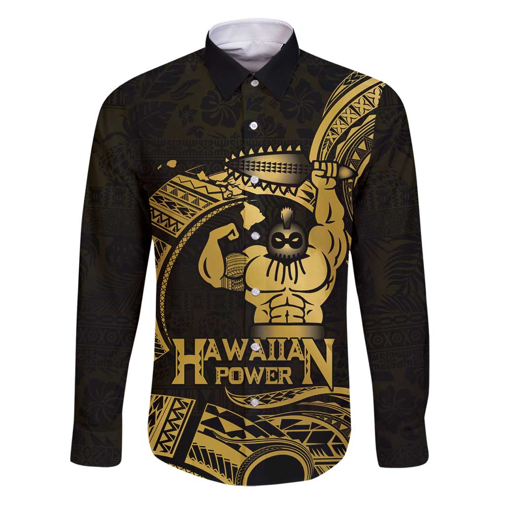 Gold Hawaii Ikaika Warrior Family Matching Puletasi and Hawaiian Shirt Hawaiian Power LT14 Dad's Shirt - Long Sleeve Gold - Polynesian Pride
