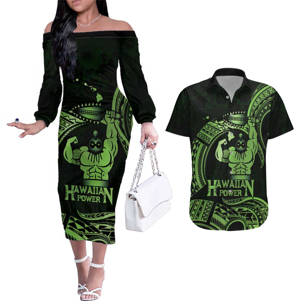 Green Hawaii Ikaika Warrior Couples Matching Off The Shoulder Long Sleeve Dress and Hawaiian Shirt Hawaiian Power