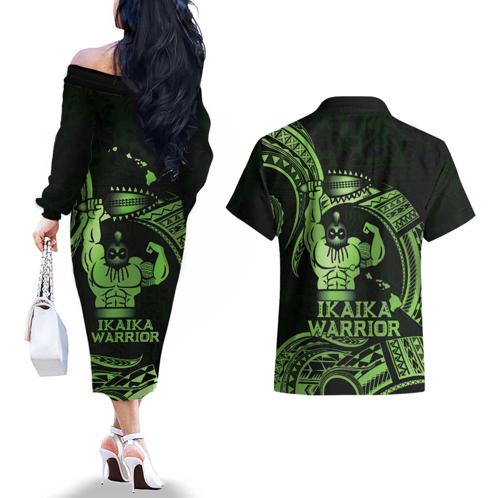Green Hawaii Ikaika Warrior Couples Matching Off The Shoulder Long Sleeve Dress and Hawaiian Shirt Hawaiian Power