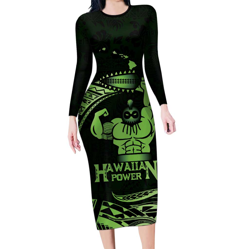 Green Hawaii Ikaika Warrior Family Matching Long Sleeve Bodycon Dress and Hawaiian Shirt Hawaiian Power