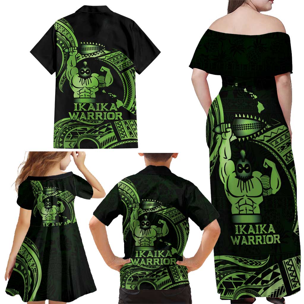 Green Hawaii Ikaika Warrior Family Matching Off Shoulder Maxi Dress and Hawaiian Shirt Hawaiian Power LT14 - Polynesian Pride