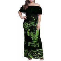 Green Hawaii Ikaika Warrior Family Matching Off Shoulder Maxi Dress and Hawaiian Shirt Hawaiian Power LT14 Mom's Dress Green - Polynesian Pride