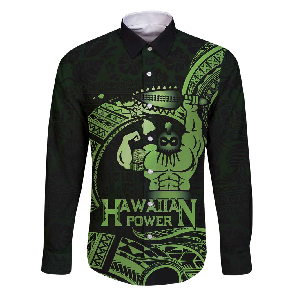 Green Hawaii Ikaika Warrior Family Matching Puletasi and Hawaiian Shirt Hawaiian Power LT14 Dad's Shirt - Long Sleeve Green - Polynesian Pride