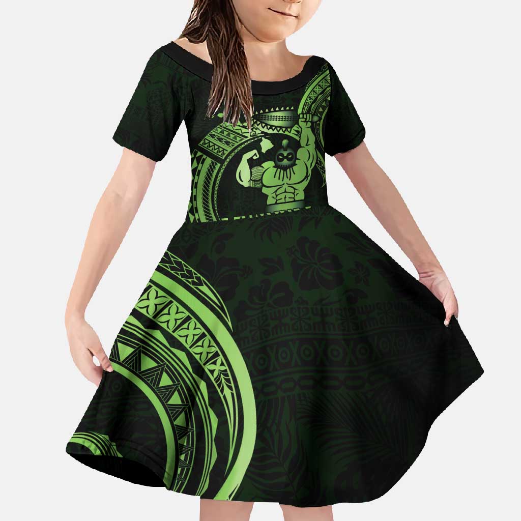 Green Hawaii Ikaika Warrior Family Matching Short Sleeve Bodycon Dress and Hawaiian Shirt Hawaiian Power LT14 Daughter's Dress Green - Polynesian Pride