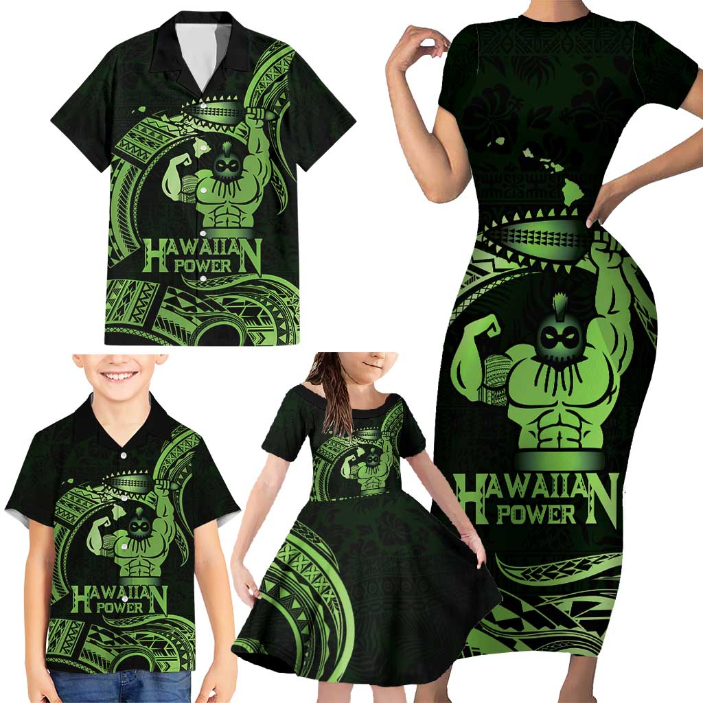Green Hawaii Ikaika Warrior Family Matching Short Sleeve Bodycon Dress and Hawaiian Shirt Hawaiian Power LT14 - Polynesian Pride