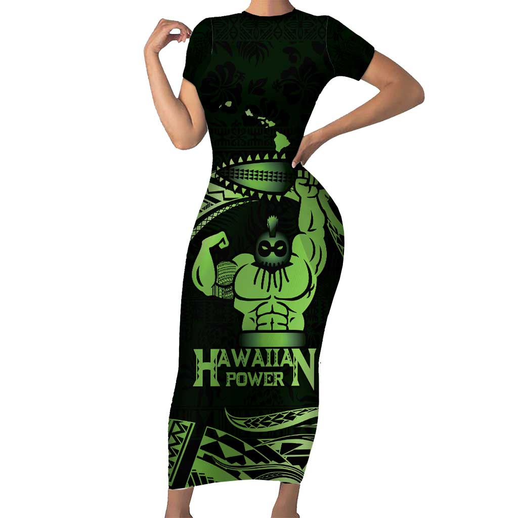 Green Hawaii Ikaika Warrior Family Matching Short Sleeve Bodycon Dress and Hawaiian Shirt Hawaiian Power LT14 Mom's Dress Green - Polynesian Pride