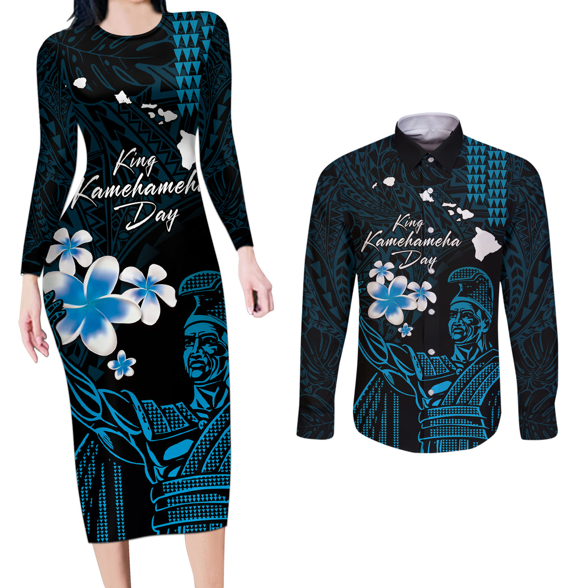 Personalised Hawaii King Kamehameha Day Couples Matching Long Sleeve Bodycon Dress and Long Sleeve Button Shirt Plumeria With Kakau Pattern - Blue LT14 Blue - Polynesian Pride