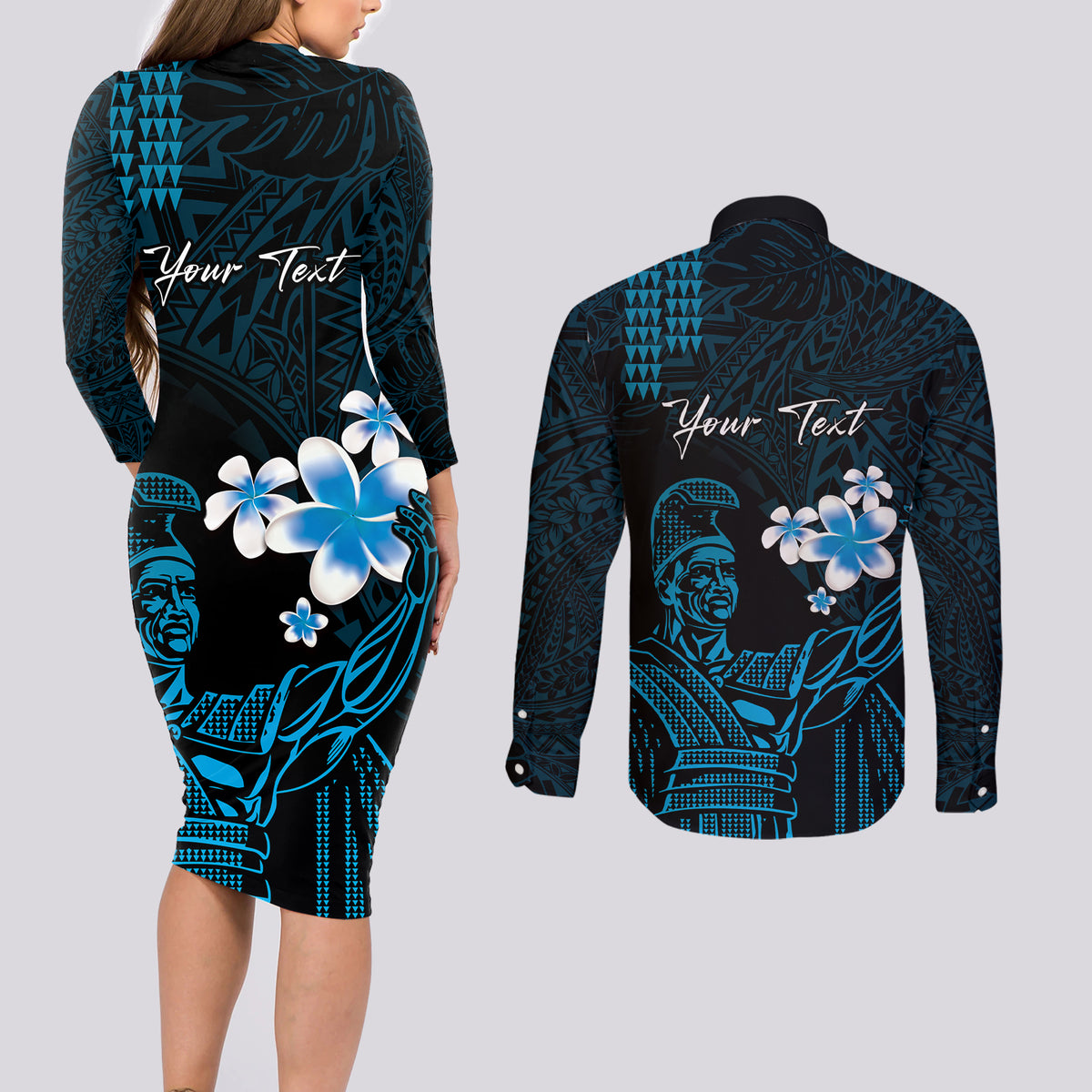 Personalised Hawaii King Kamehameha Day Couples Matching Long Sleeve Bodycon Dress and Long Sleeve Button Shirt Plumeria With Kakau Pattern - Blue LT14 - Polynesian Pride