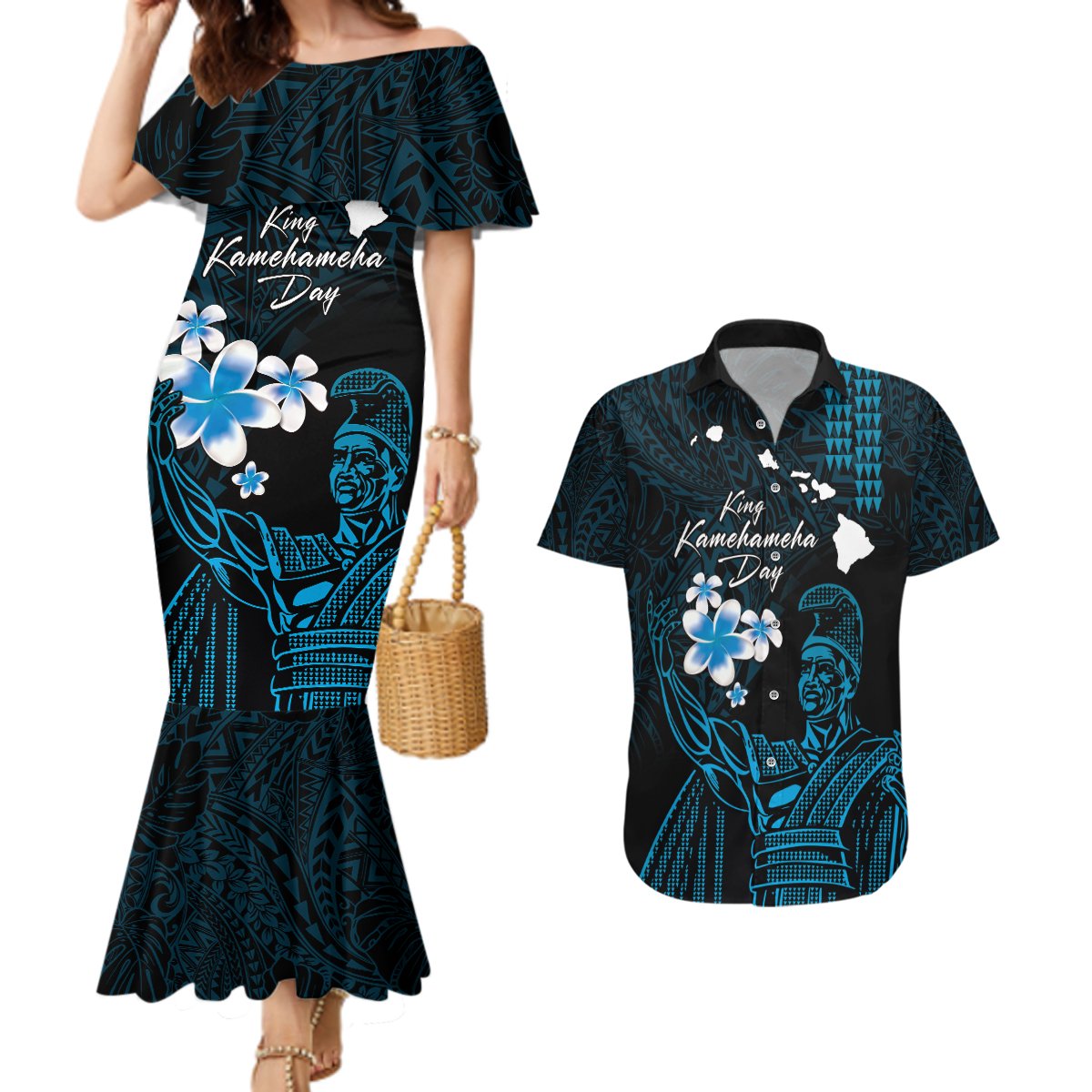 Personalised Hawaii King Kamehameha Day Couples Matching Mermaid Dress and Hawaiian Shirt Plumeria With Kakau Pattern - Blue LT14 Blue - Polynesian Pride