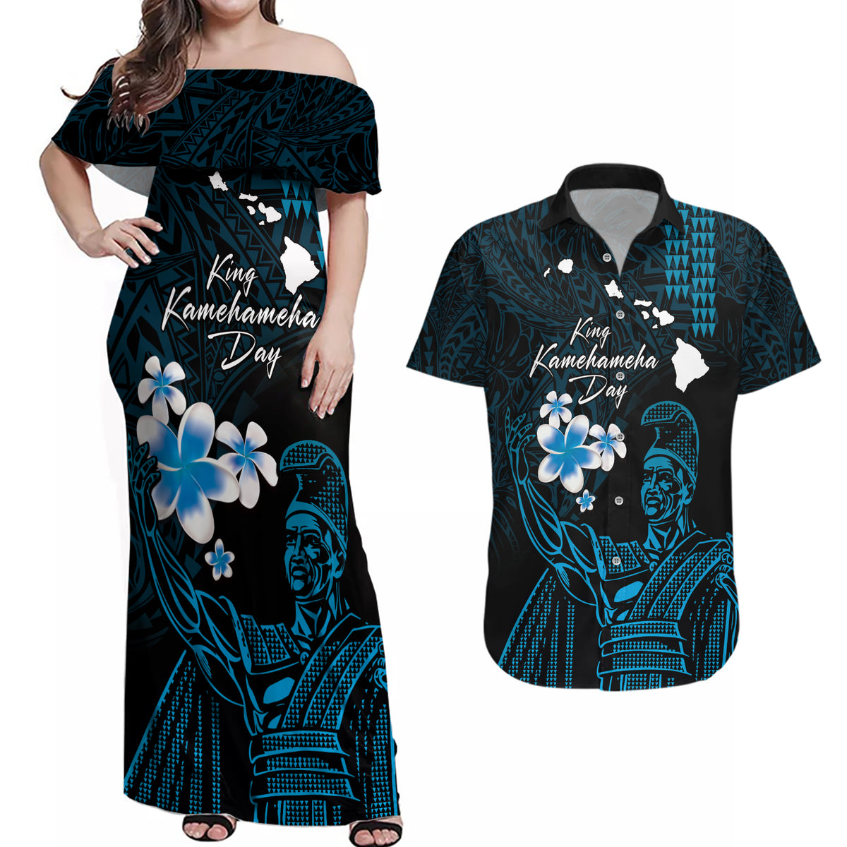 Personalised Hawaii King Kamehameha Day Couples Matching Off Shoulder Maxi Dress and Hawaiian Shirt Plumeria With Kakau Pattern - Blue LT14 Blue - Polynesian Pride