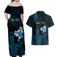 Personalised Hawaii King Kamehameha Day Couples Matching Off Shoulder Maxi Dress and Hawaiian Shirt Plumeria With Kakau Pattern - Blue LT14 - Polynesian Pride
