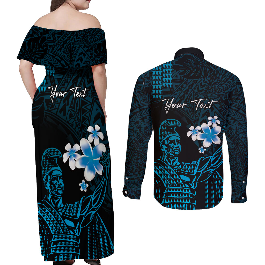 Personalised Hawaii King Kamehameha Day Couples Matching Off Shoulder Maxi Dress and Long Sleeve Button Shirt Plumeria With Kakau Pattern - Blue LT14 - Polynesian Pride